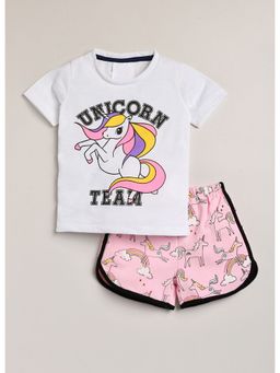 Lazy Shark - Girls White and Light Pink Printed Cotton T-Shirt with Shorts (Set of 2)