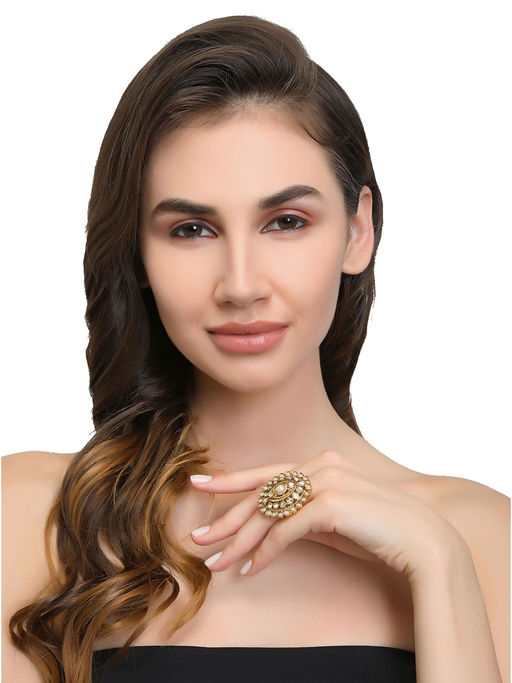 Accessher Gold Toned & White Pearl Stone Studded Ring