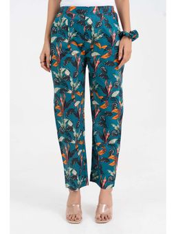 GulaboSitabo - Teal Floral Printed Straight Fit Pure Cotton Pant