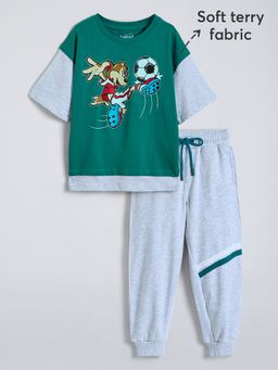 Hopscotch - Green Cotton Relaxed T-shirt and Balloon Fit Joggers