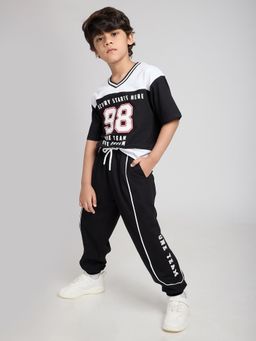 Hopscotch - Black Cotton Relaxed Cut and Sew T-shirt and Joggers
