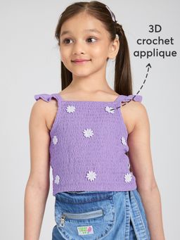 Hopscotch - Lavender Floral Applique Smocked Skinny Fit Top