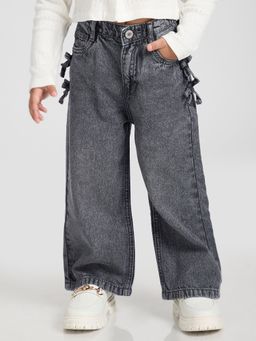 Hopscotch - Grey Bow Applique Cotton Wide Leg Jeans