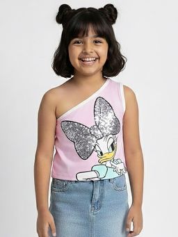 Hopscotch - Pink Daisy Duck Sequined One Shoulder Top
