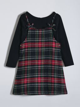Hopscotch - Black Pure Cotton Checkered Pinafore with T-shirt