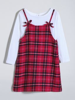 Hopscotch - White Pure Cotton Checkered Pinafore with T-shirt