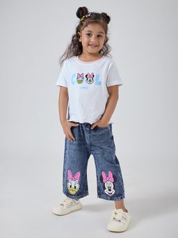Hopscotch - White Minnie and Daisy Graphic Cotton T-shirt and Jeans