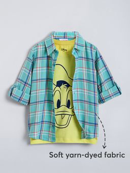 Hopscotch - Green Donald Duck Cotton Checkered Shirt with T-shirt