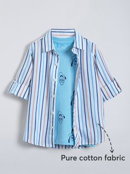 Hopscotch - Blue Mickey Mouse Cotton T-shirt with Striped Shirt