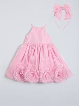 Hopscotch - Pink 3D Floral Party Dress with Headband