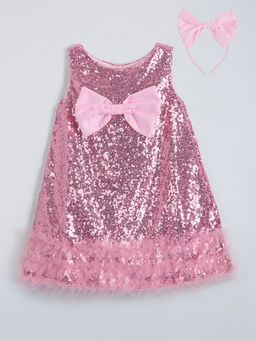 Hopscotch - Pink Sequined Party Dress with Headband