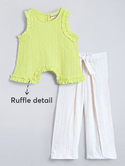Hopscotch - Green Ruffle Embellished Textured Top and Pant