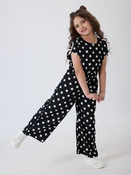 Hopscotch - Black Polka Dot Half Sleeves Relaxed Fit Jumpsuit