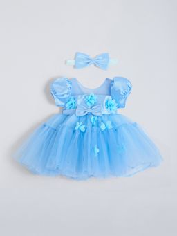 Hopscotch - Blue Floral Applique Party Dress with Headband
