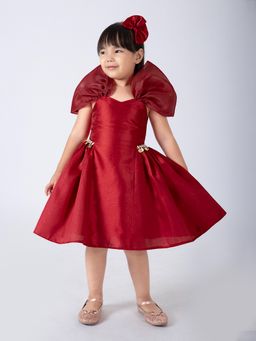 Hopscotch - Maroon Oversized Puff Sleeves Party Dress with Headband