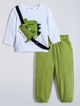 Hopscotch - White Cotton 3D Dino Sweatshirt and Joggers with Crossbody Bag