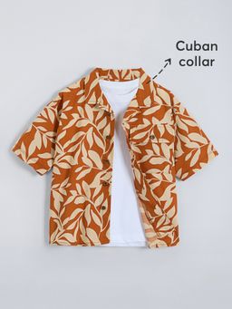 Hopscotch - Orange Tropical Leaf Cotton Shirt and T-shirt