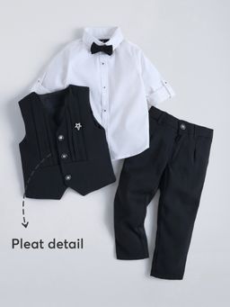 Hopscotch - Black Pleated Detail Shirt -Trouser with Waistcoat and Brooch, Bow