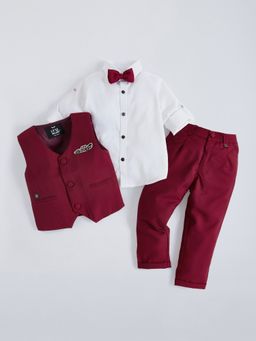 Hopscotch - Maroon Vehicle Applique Shirt- Trouser with Waistcoat and Bow