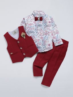 Hopscotch - Red Floral Pattern Shirt-Trouser and Waistcoat with Bow, Brooch