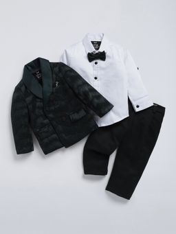 Hopscotch - Green Solid Shirt -Trouser and Blazer with Bow, Brooch