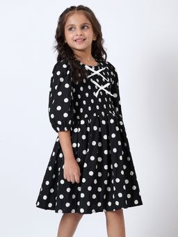 Hopscotch - Black Polka Dot Bow Applique Dress