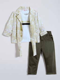 Hopscotch - Olive Leaf Cotton Shirt-T-shirt and Pant with Stole
