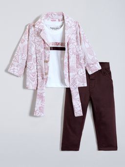 Hopscotch - Wine Leaf Cotton Shirt-T-shirt and Pant with Stole