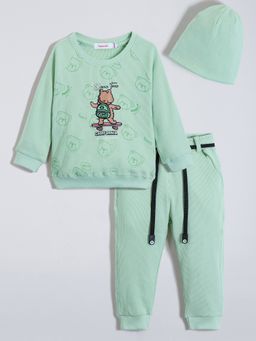 Hopscotch - Green Bear Cotton Sweatshirt and Joggers with Cap
