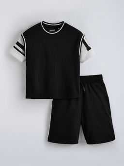 Hopscotch - Black Textured Varsity T-shirt and Shorts