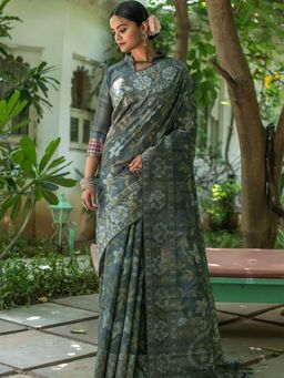 Odette - Grey Tussar Silk Heavy Jamdani Saree with Unstitched Blouse