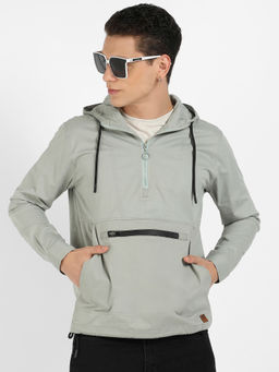 Campus Sutra - Mens Sage Green Half Zip Utility Hoodie with Contrast Drawstring