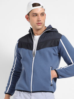 Campus Sutra - Mens Prussian Blue Contrast Panel Puffer Jacket with Insert Pocket