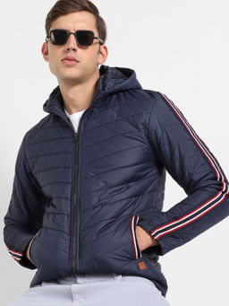 Campus Sutra - Mens Navy Blue Quilted Puffer Jacket with Contrast Striped Sleeve