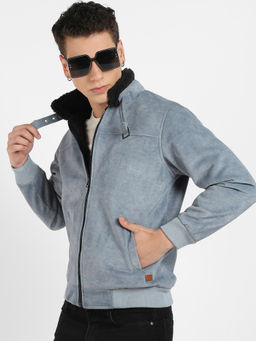 Campus Sutra - Mens Grey Zip Front Jacket with Fleece Detail