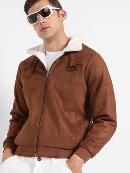 Campus Sutra - Mens Brown Zip Front Jacket with Fleece Detail