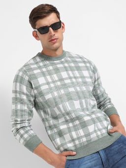 Campus Sutra - Mens Sage Green Tartan Plaid Pullover Sweater