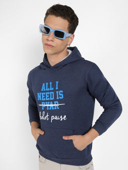 Campus Sutra - Mens Navy Blue All I Need Hoodie with Kangaroo Pocket