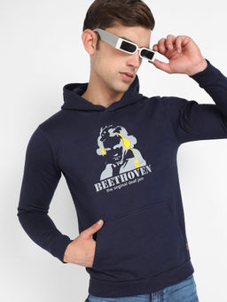 Campus Sutra - Mens Navy Blue Beethovan Hoodie with Kangaroo Pocket