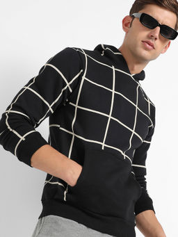 Campus Sutra - Mens Black Graph Checks Hoodie with Insert Pocket
