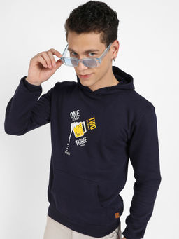 Campus Sutra - Mens Navy Blue Pour Beer Hoodie with Kangaroo Pocket