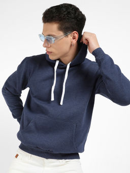 Campus Sutra - Mens Dark Blue Pullover Hoodie with Contrast Drawstring