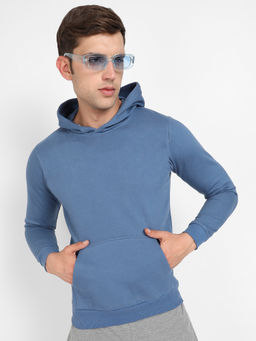 Campus Sutra - Mens Electric Blue Pullover Hoodie with Contrast Drawstring