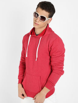 Campus Sutra - Mens Red Pullover Hoodie with Contrast Drawstring