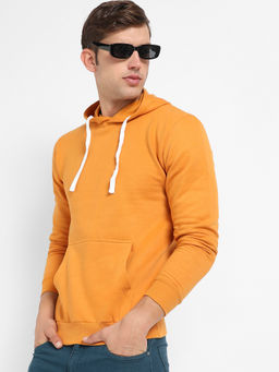 Campus Sutra - Mens Mustard Yellow Pullover Hoodie with Contrast Drawstring