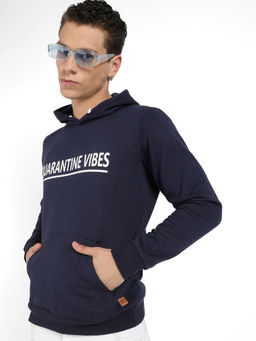 Campus Sutra - Mens Navy Blue Quarantine Vibes Hoodie with Kangaroo Hoodie