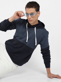 Campus Sutra - Mens Blue Pullover Hoodie with Contrast Detail