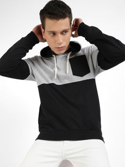 Campus Sutra - Mens Black & Grey Pullover Hoodie with Patch Pocket