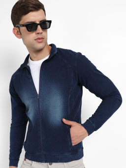 Campus Sutra - Mens Navy Blue Zip Front Dark Wash Denim Jacket