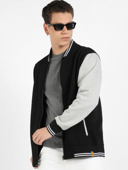 Campus Sutra - Mens Black & Grey Zip Front Jacket with Open Angled Pocket